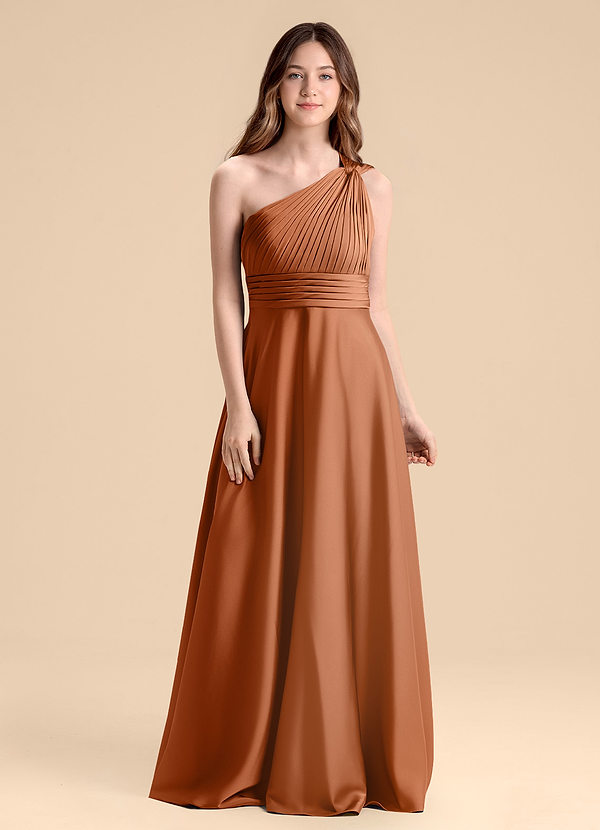 Azazie Charlize Junior Copper A-Line Pleated Stretch Satin Dress image1