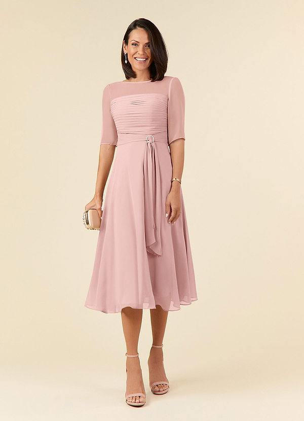 Azazie Naomi Mother of the Brides Dresses Powder Pink A-Line Boatneck Pleated Chiffon Dress image1