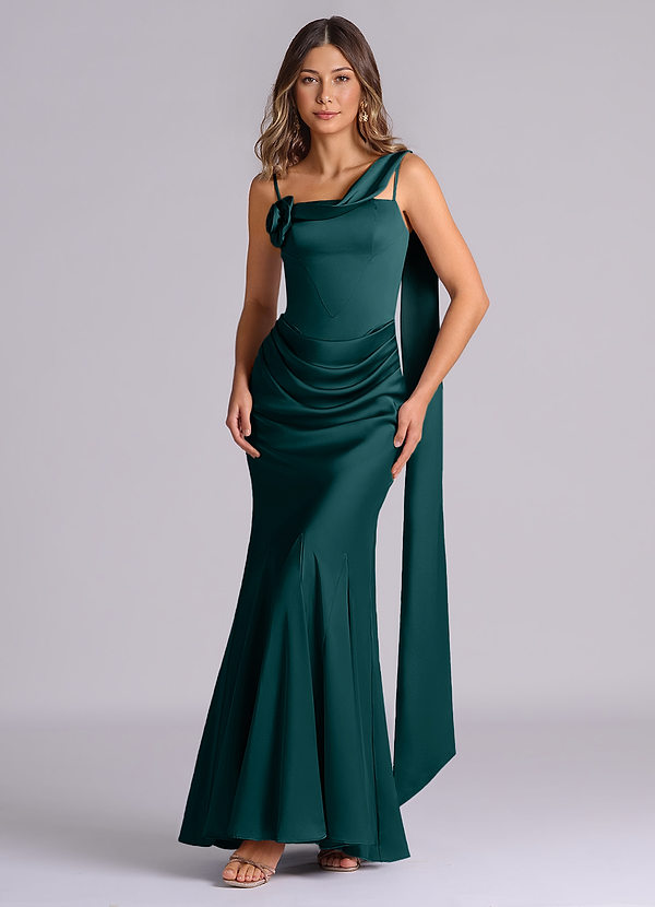 Azazie Inara Bridesmaid Dresses Pine Mermaid Pleated Stretch Satin Dress image1