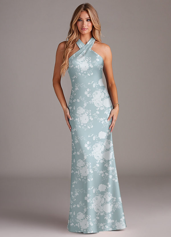 Azazie Doretta Bridesmaid Dresses Powder Blue Floral Mermaid Pleated Stretch Satin Dress image1