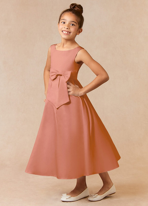 Azazie Lindy Flower Girl Dresses MAI TAI A-Line Pleated Matte Satin Dress image1