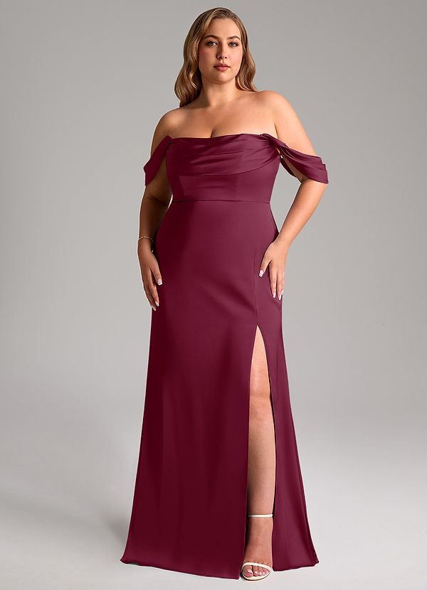Azazie Saige Bridesmaid Dresses Mulberry Sheath Off the Shoulder Stretch Satin Dress image1
