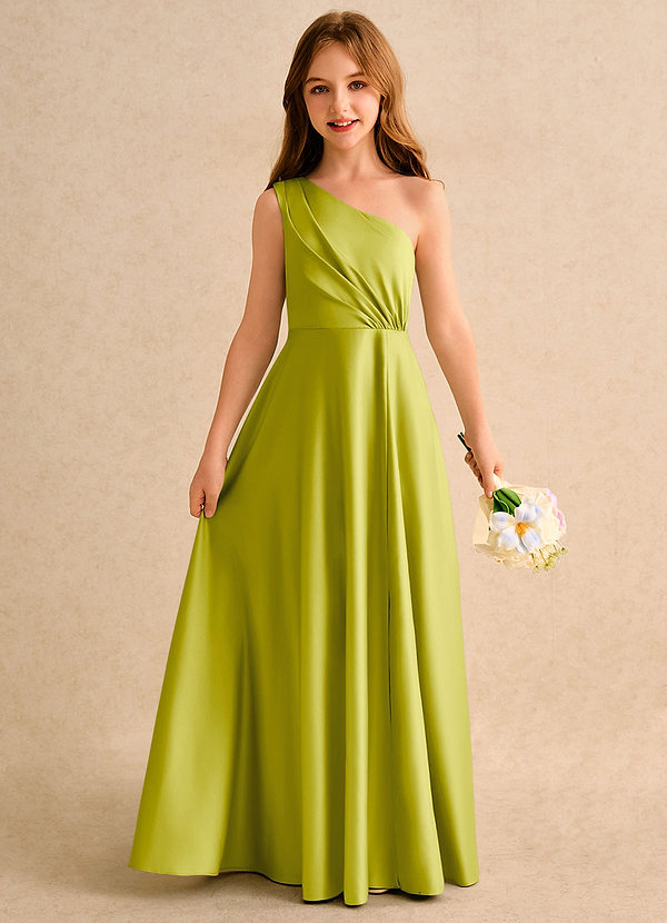 Azazie Puddles Girls Formal Robes de cortège enfant Robe Trapèze en Mat Satiné Asymétrique Citronnelle image1