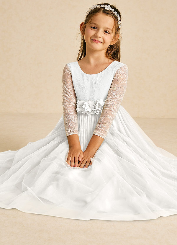 Azazie Mae Flower Girl Dresses Ivory A-Line Bow Tulle Dress image1