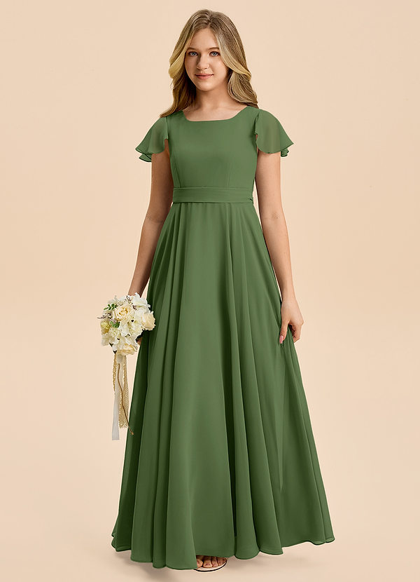 Azazie Cady Junior Olive A-Line Pleated Chiffon Dress image1