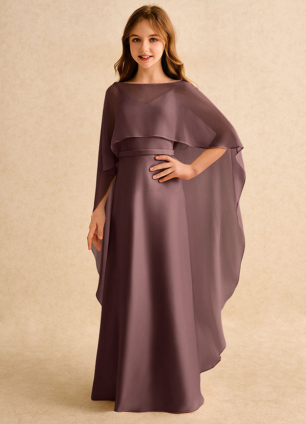 Azazie Fishie Girls Formal Robes de Fillette d'Honneur Robe Trapèze en Mat Satiné Expresso image1