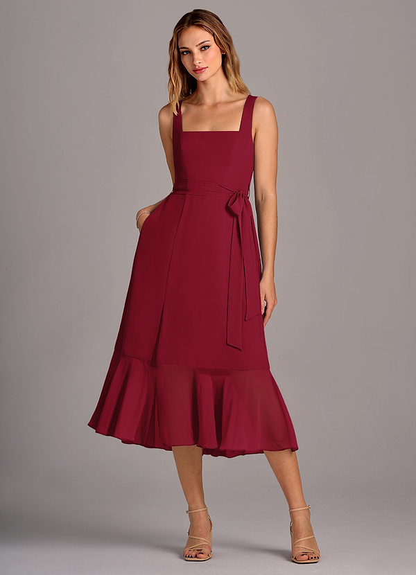 Azazie Deb Bridesmaid Dresses Burgundy A-Line with Pockets Chiffon Convertible Dress image1