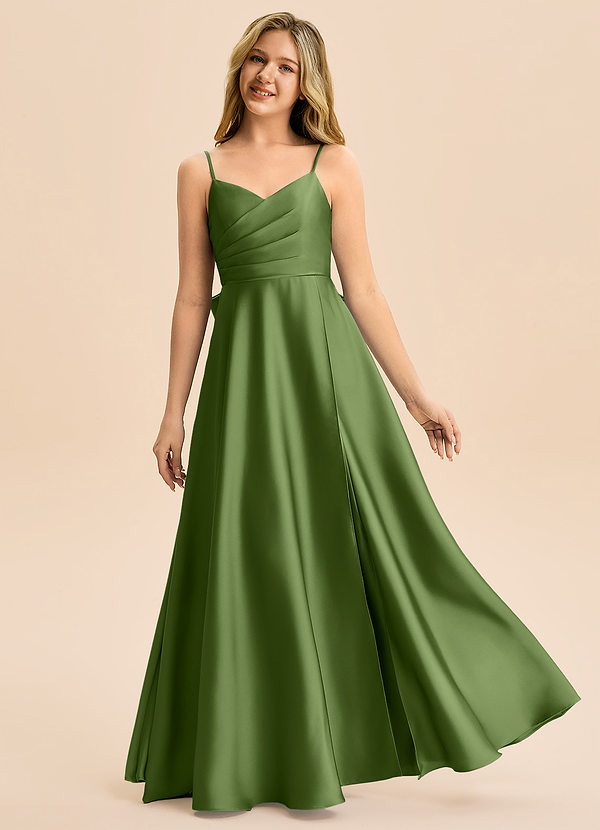 Azazie Rumi Junior Vestido de Enebro de Satén Elástico de Corte en A con Plisado image1