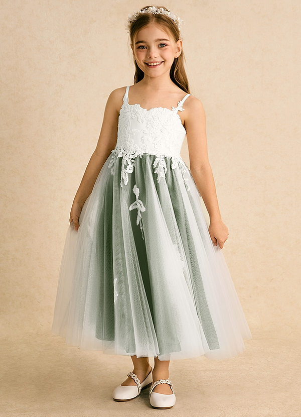Azazie Coraline Blumenkinder Kleider A-Linie Spitze Kleid Elfenbein Olivgrün image1