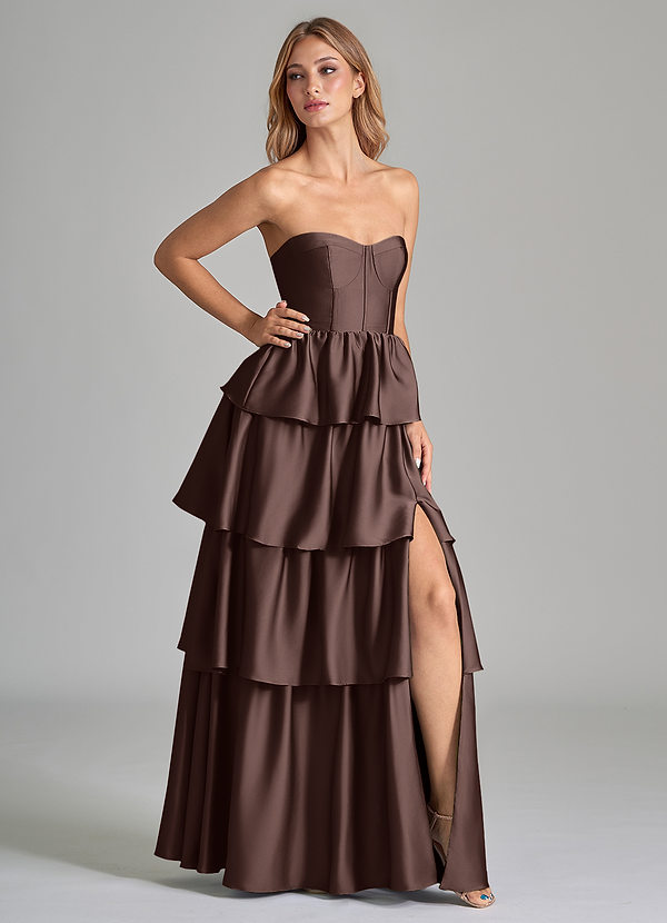 Azazie Faye Bridesmaid Dresses Ganache A-Line Ruched Stretch Satin Dress image1