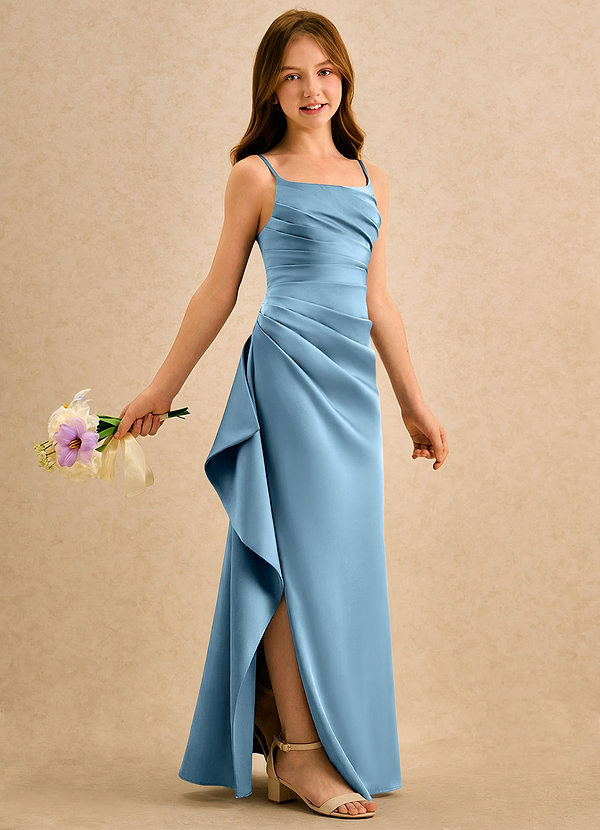 Azazie Cannoli Girls Formal Flower Girl Dresses Steel Blue A-Line Pleated Stretch Satin Dress image1