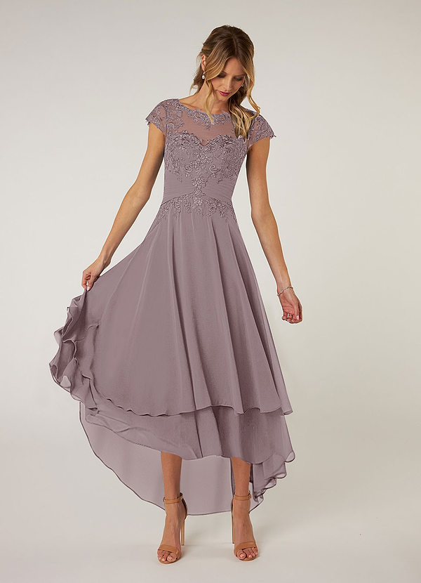 Azazie Shonda Mother of the Bride Dresses Boatneck Pleated Lace Chiffon Asymmetrical Dress image1