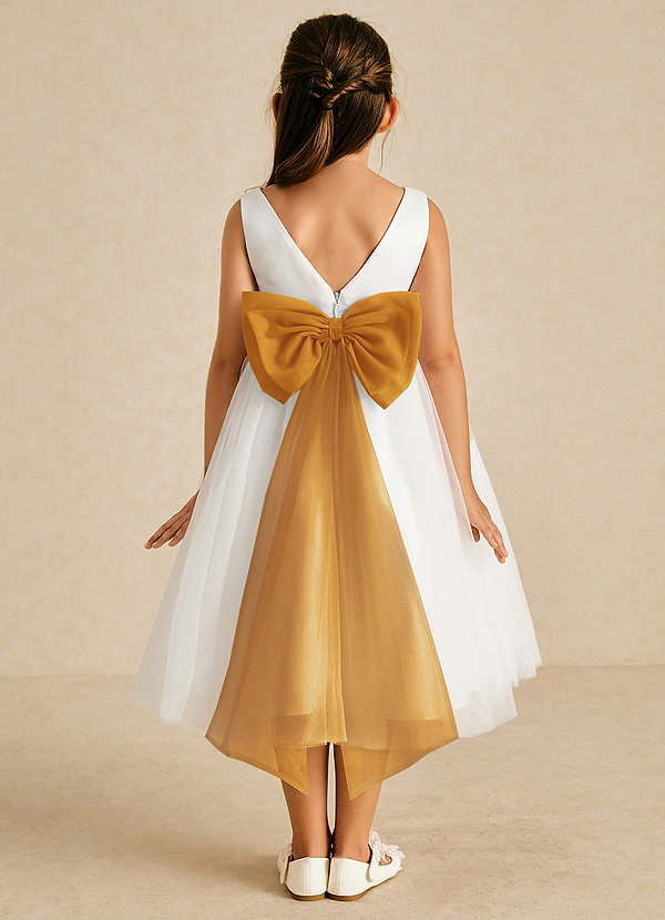 Azazie Kavi Flower Girl Dresses Ivory Butterscotch A-Line Bow Matte Satin Dress image1