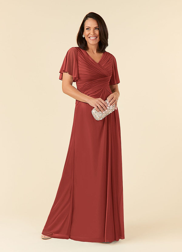 Azazie Emmeline Mother of the Brides Dresses Terracotta A-Line V-Neck Pleated Mesh Dress image1