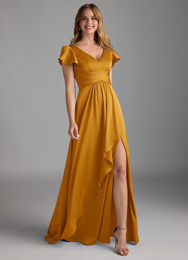 Azazie Omari Bridesmaid Dresses Butterscotch A-Line Stretch Satin Dress image1