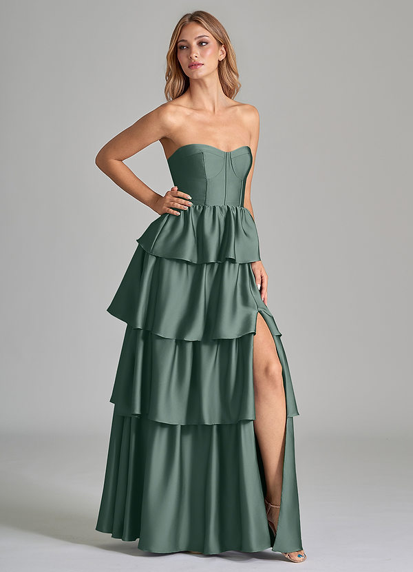 Azazie Faye Bridesmaid Dresses Sea Moss A-Line Ruched Stretch Satin Dress image1