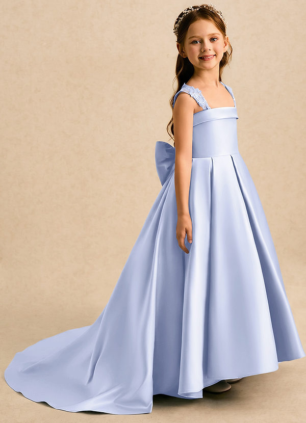 Azazie Genie Flower Girl Dresses Lavender Ball-Gown Off the Shoulder Matte Satin Dress image1