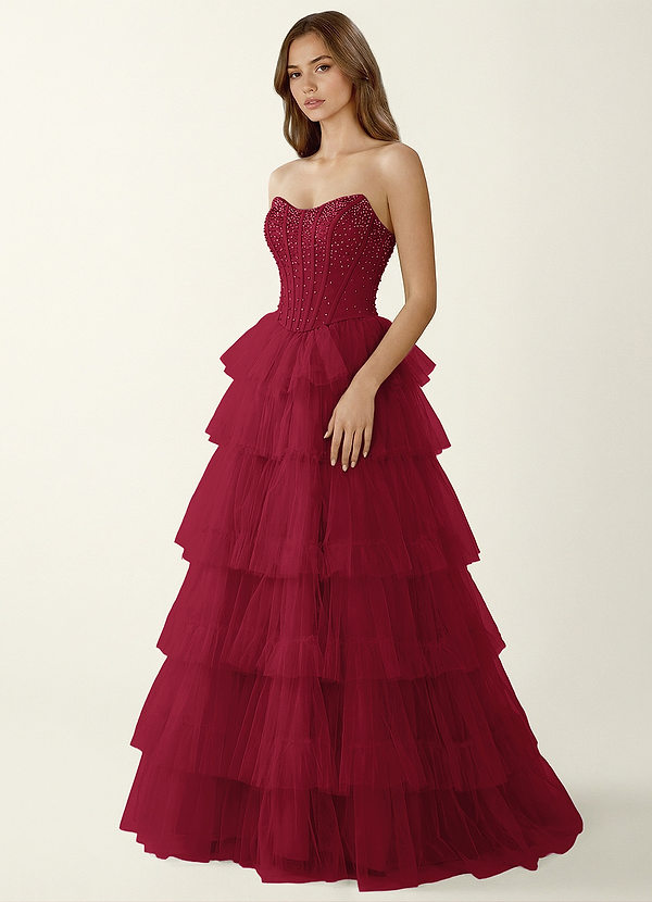 Nerida Borgoña Vestido de fiesta de dos piezas con corsé y detalles de pedrería, corte en A. image1