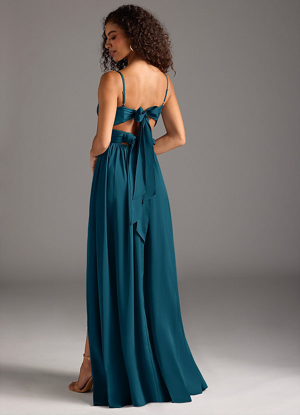 Azazie Zeya Bridesmaid Dresses Ink Blue A-Line Pleated Stretch Satin Dress image1