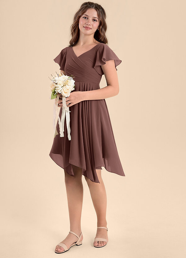 Azazie Janeaurelia Junior Abito A-Line in Chiffon Plissettato Espresso image1