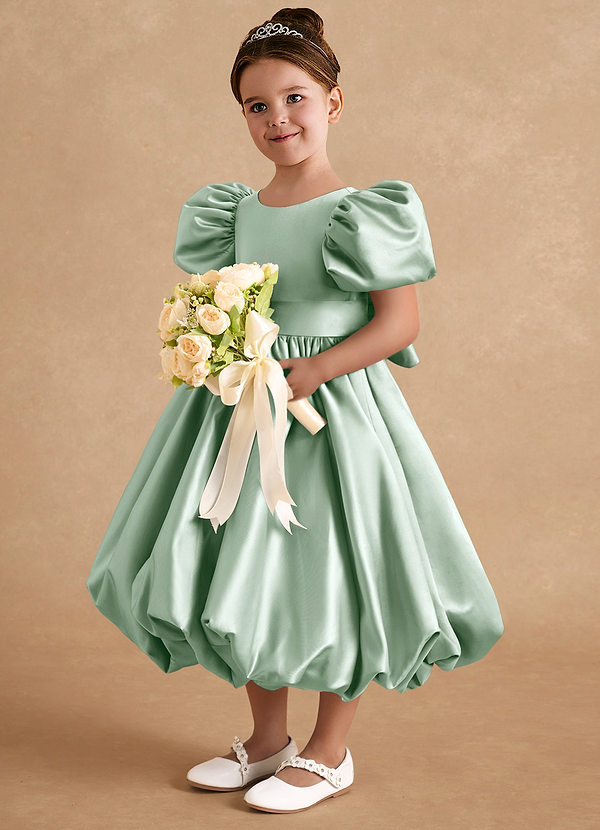 Azazie Jellybean Flower Girl Dresses Agave Ball-Gown Ruched Matte Satin Dress image1