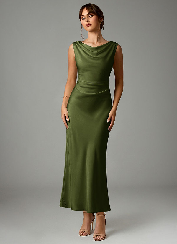 Azazie Kieryn Bridesmaid Dresses Olive Mermaid Pleated Stretch Satin Dress image1