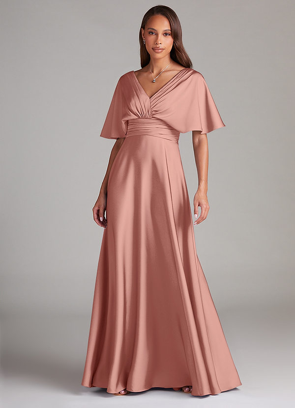 Azazie Pamela Bridesmaid Dresses Rosette A-Line Pleated Stretch Satin Dress image1