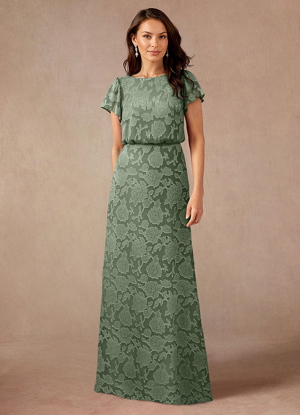 Azazie Lehi Mother of the Brides Dresses Matcha A-Line Boatneck Floral Burnout Dress image1