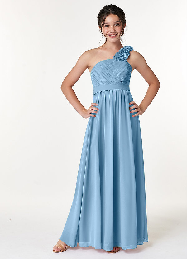 Azazie Flower Junior Jurk van Chiffon met A-Lijn Geplooid Staal Blauw image1