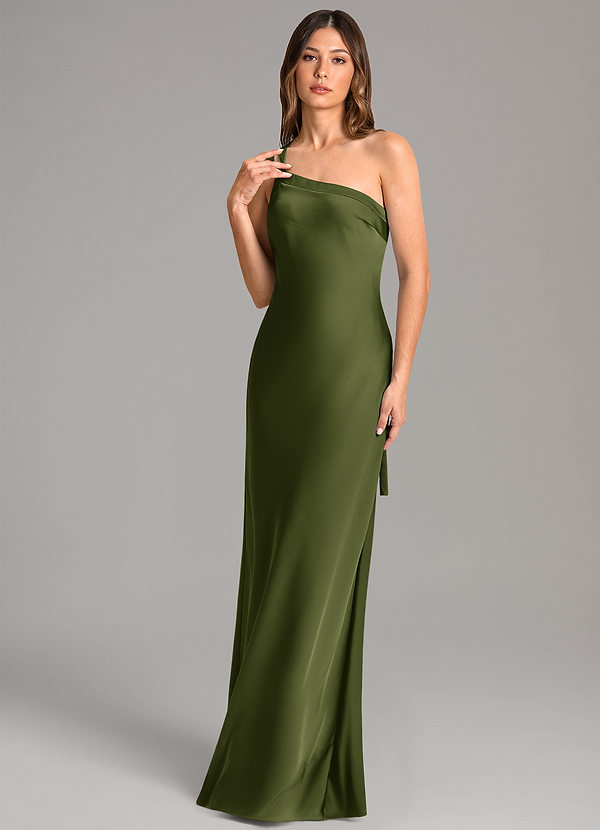 Azazie Monroe Bridesmaid Dresses Olive Mermaid One Shoulder Stretch Satin Dress image1