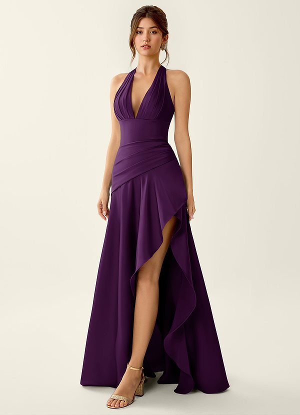 Titania Druif Satijnen galajurk met V-hals en ruches image1