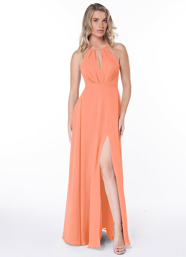 Azazie Evalleen Robes Demoiselle d'honneur Robe Trapèze en Mousseline de soie Plissée Coucher De Soleil image1