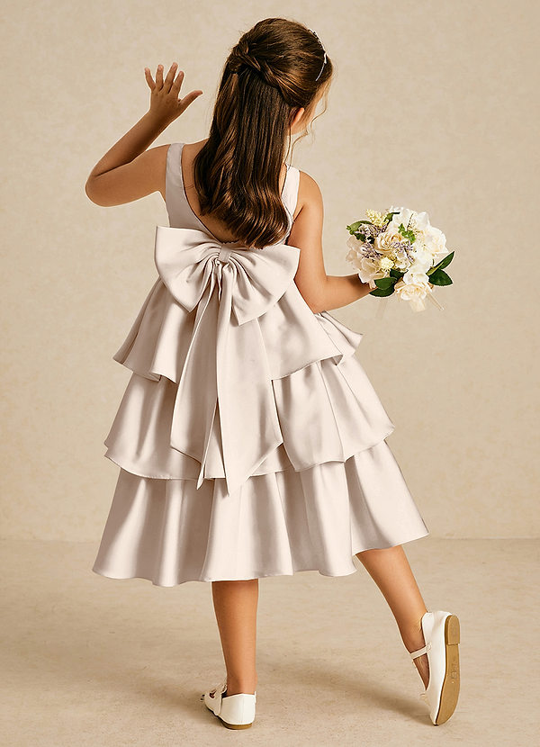 Azazie Margery Flower Girl Dresses White Alabaster A-Line Bow Stretch Satin Dress image1