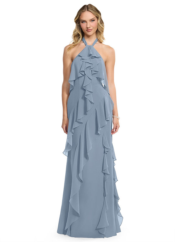 Azazie Velma Bridesmaid Dresses Dusty Blue A-Line Side Slit Chiffon Dress image1