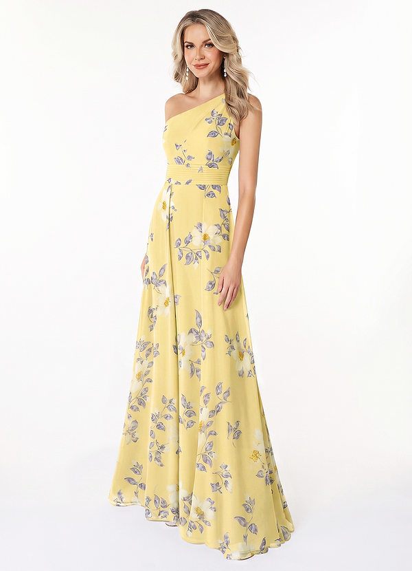 Azazie Dallas Bridesmaid Dresses Lemon Sorbet New Day Floral A-Line One Shoulder Chiffon Dress image1