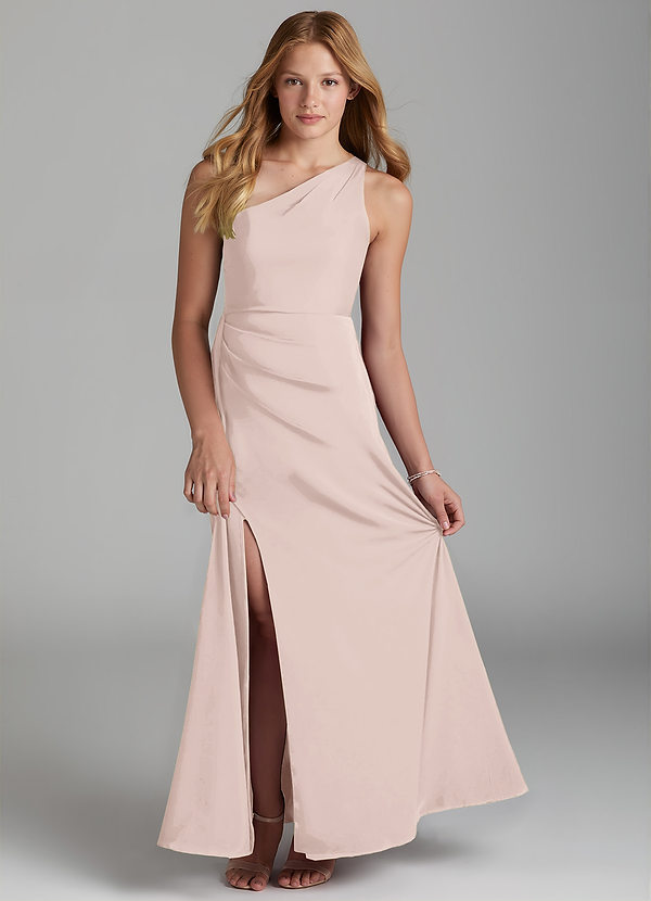 Azazie Maron Junior Blushing Pink A-Line Pleated Stretch Satin Dress image1