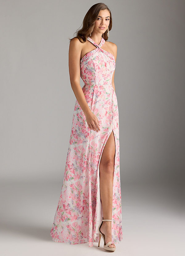Azazie Rue Brautjungfernkleider A-Linie Halter Chiffon Kleid Abstraktes Aquarell Mit Blumen image1