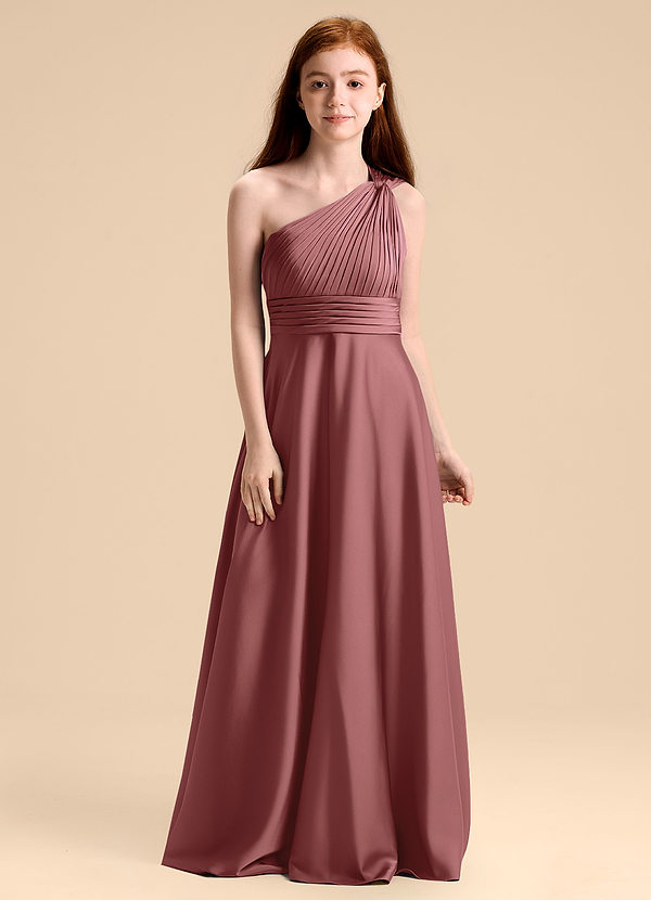 Azazie Charlize Junior Vestido de Amatista de Satén Elástico de Corte en A con Plisado image1