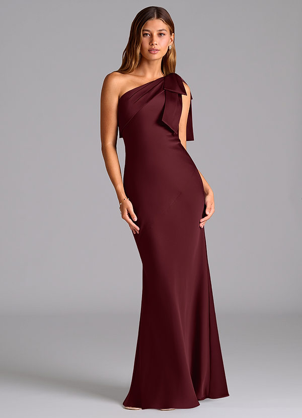 Azazie Yuanna Bridesmaid Dresses Cabernet Mermaid One Shoulder Stretch Satin Dress image1
