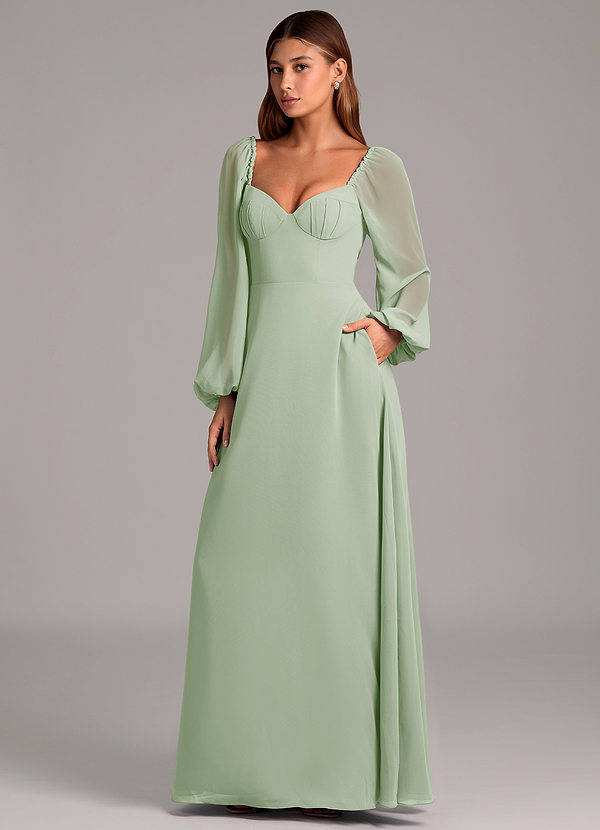 Azazie Annistyn Brudtärneklänningar Klänning av A-Linje i Chiffong Långärmad Dusty Sage image1