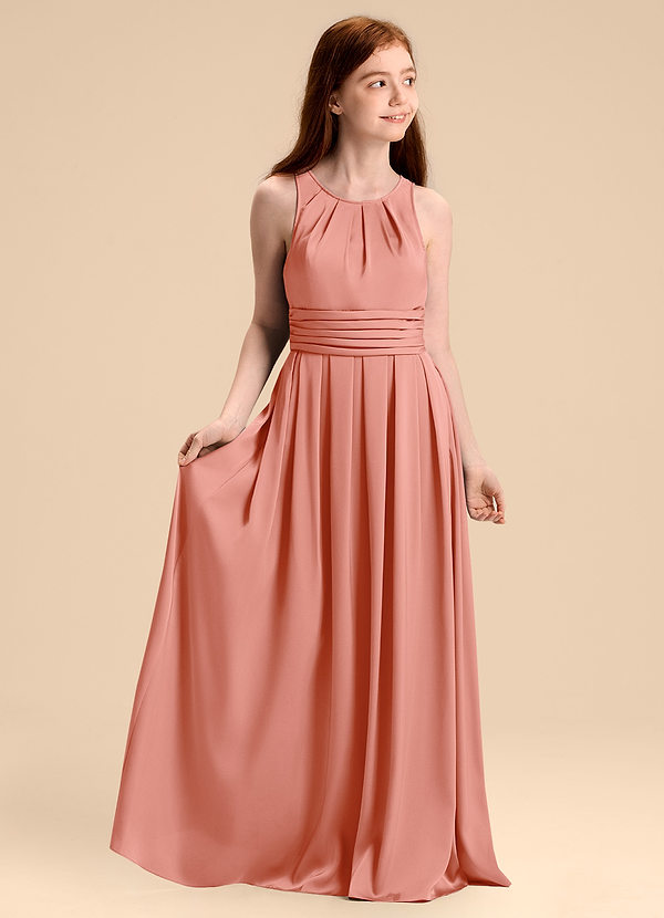 Azazie Bibiane Junior Vestido de Coral de Satén Elástico de Corte en A con Plisado image1
