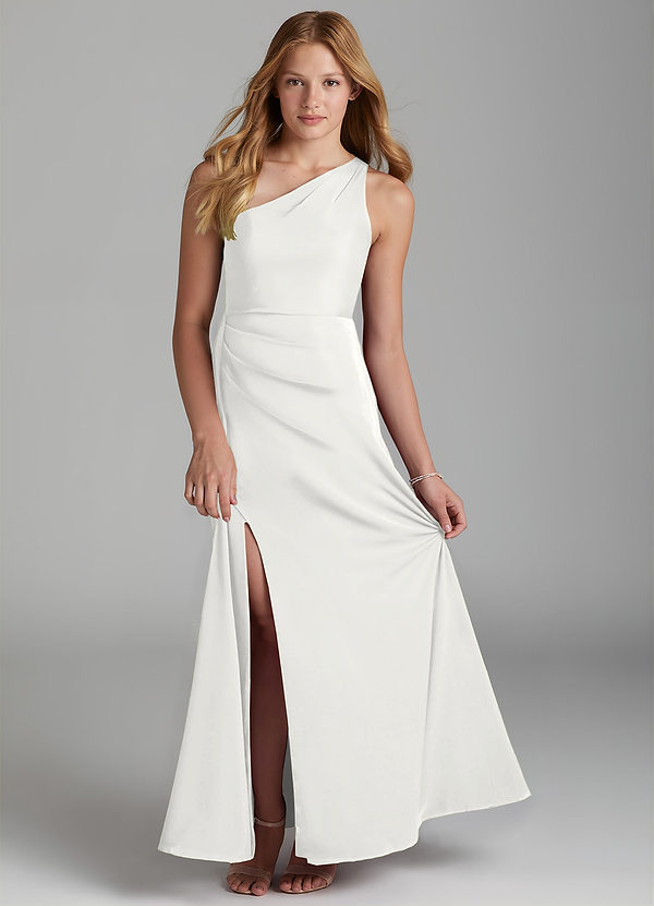 Azazie Maron Junior Linia A Pofałdowany Satyna elastyczna Długość podłogi Młodsza druhna Sukienka image1