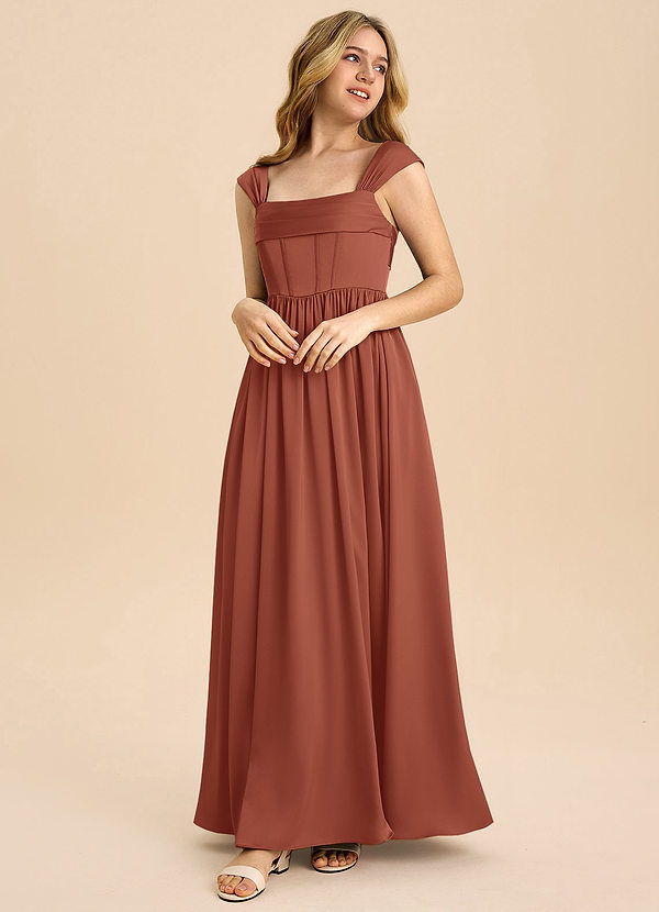 Azazie Hattie Junior Auburn A-Line Pleated Stretch Satin Dress image1