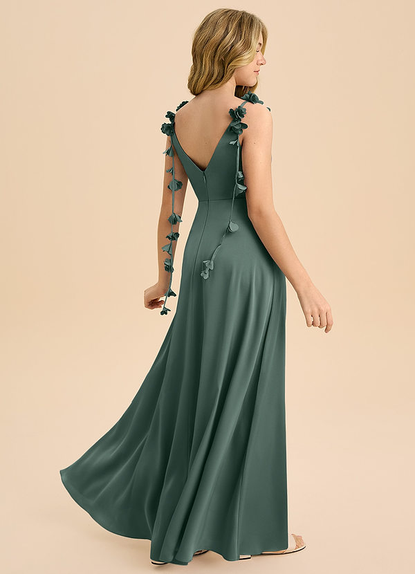 Azazie Gumdrop Junior Sea Moss Empire Pleated Stretch Satin Dress image1