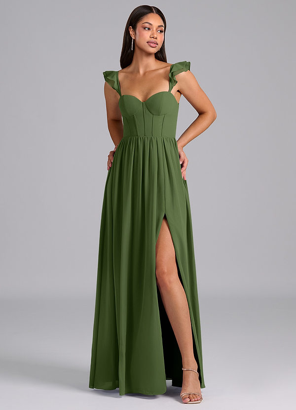 Azazie Denisse Bruidsmeisjes Jurken Jurk van Chiffon met A-Lijn Ruches Olijf image1