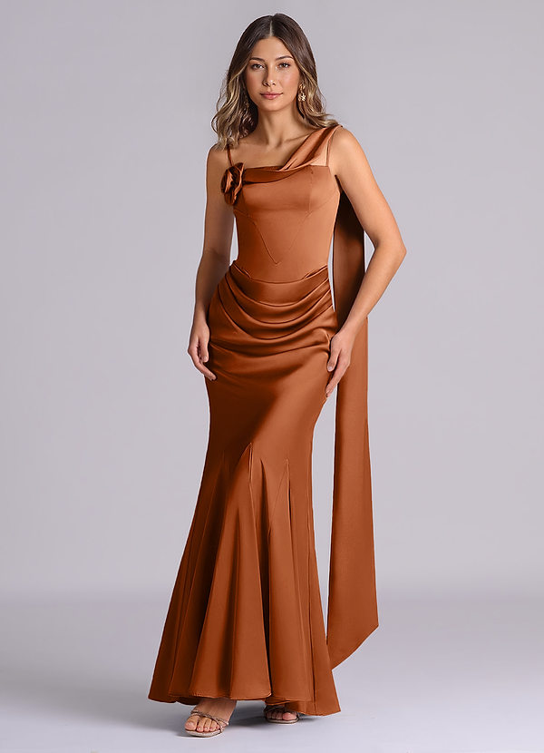 Azazie Inara Suknie dla druhen Syrena Pofałdowany Satyna elastyczna Do ziemi Sukienka image1