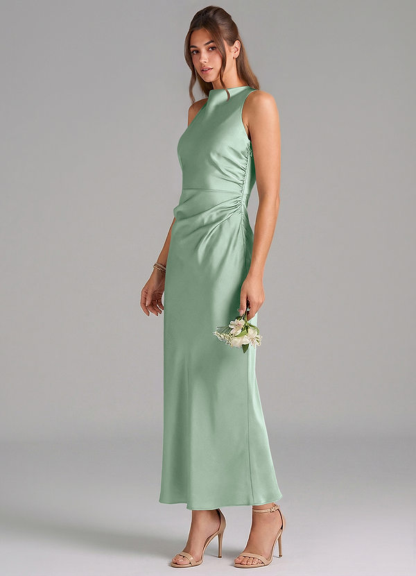 Azazie Evadne Vestidos Dama de Honor Vestido de Agave de Satén Elástico de Corte Recto con Plisado image1