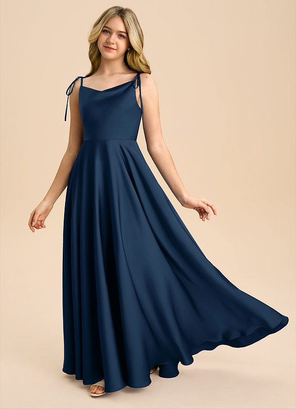 Azazie Popsy Junior Linia A Ukłon Satyna elastyczna Długość podłogi Młodsza druhna Sukienka image1