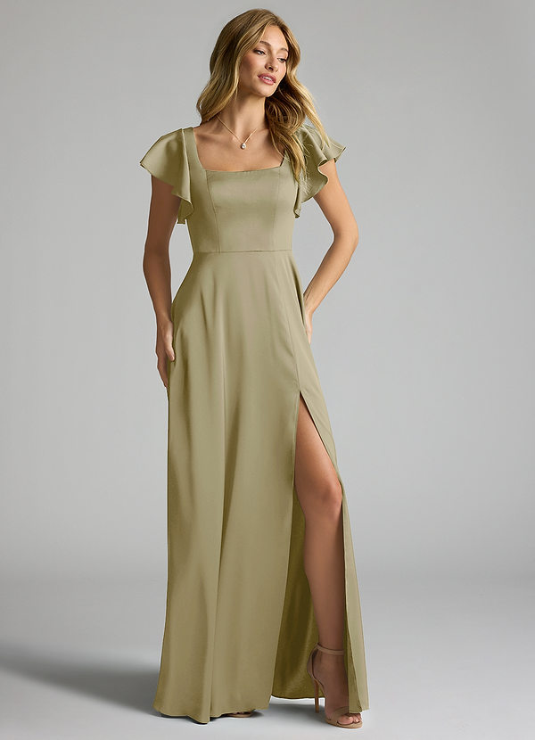 Azazie Bondi Bridesmaid Dresses Moss Green A-Line Bow Stretch Satin Dress image1