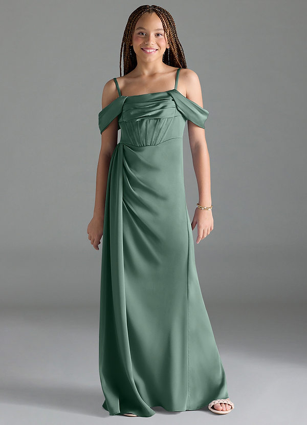 Azazie Amyra Junior Eucalyptus Sheath Off the Shoulder Stretch Satin Dress image1